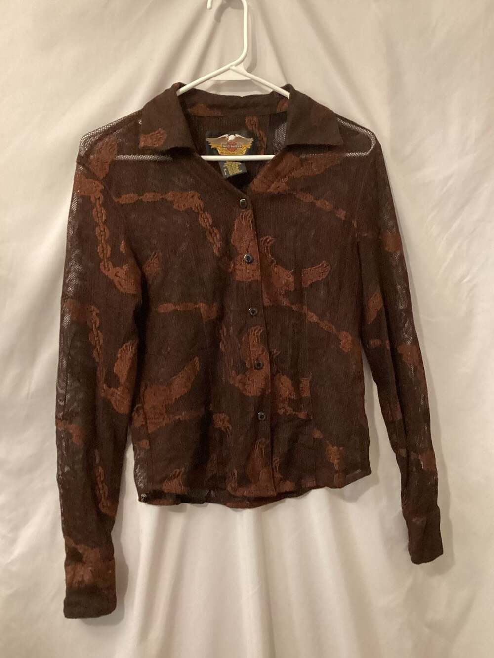 Harley-Davidson Mesh Blouse Size Small Brown Eagle Chain Button-Down